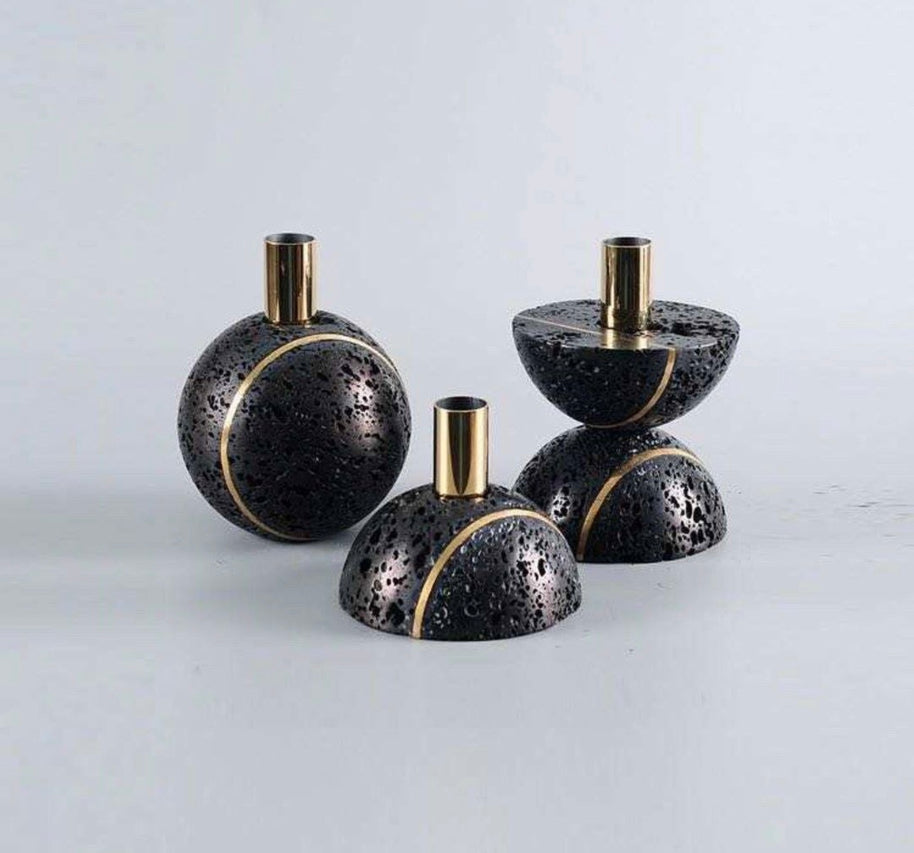Sculpted Stone Candle Holder - Black