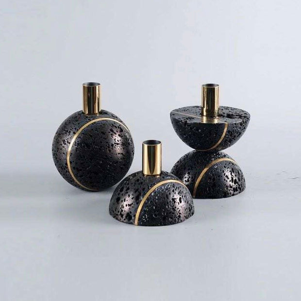 Sculpted Stone Candle Holder - Black